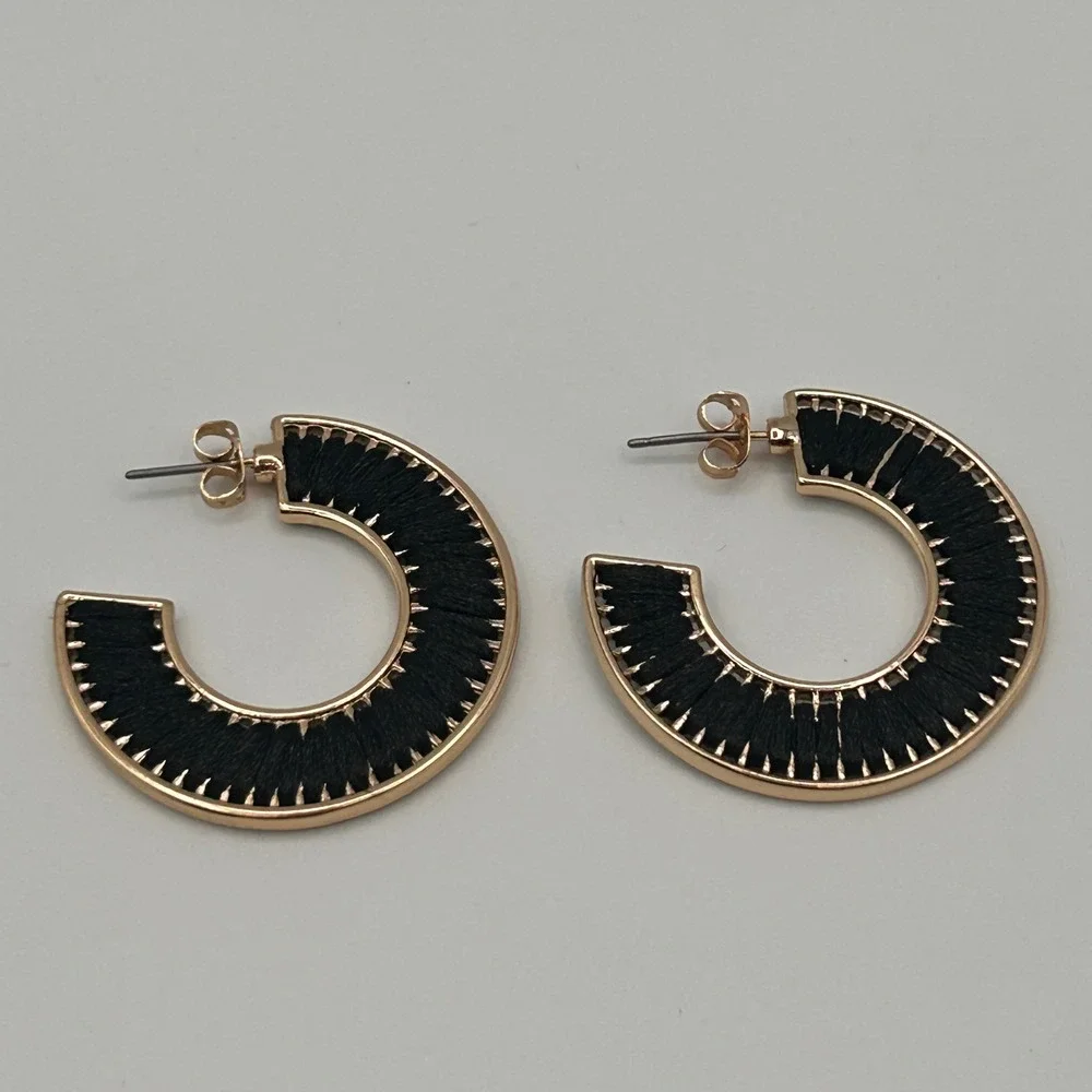 Gold Tone Black Thread Wrapped C Shape Hoop Earrings Post Back Bohemian Style